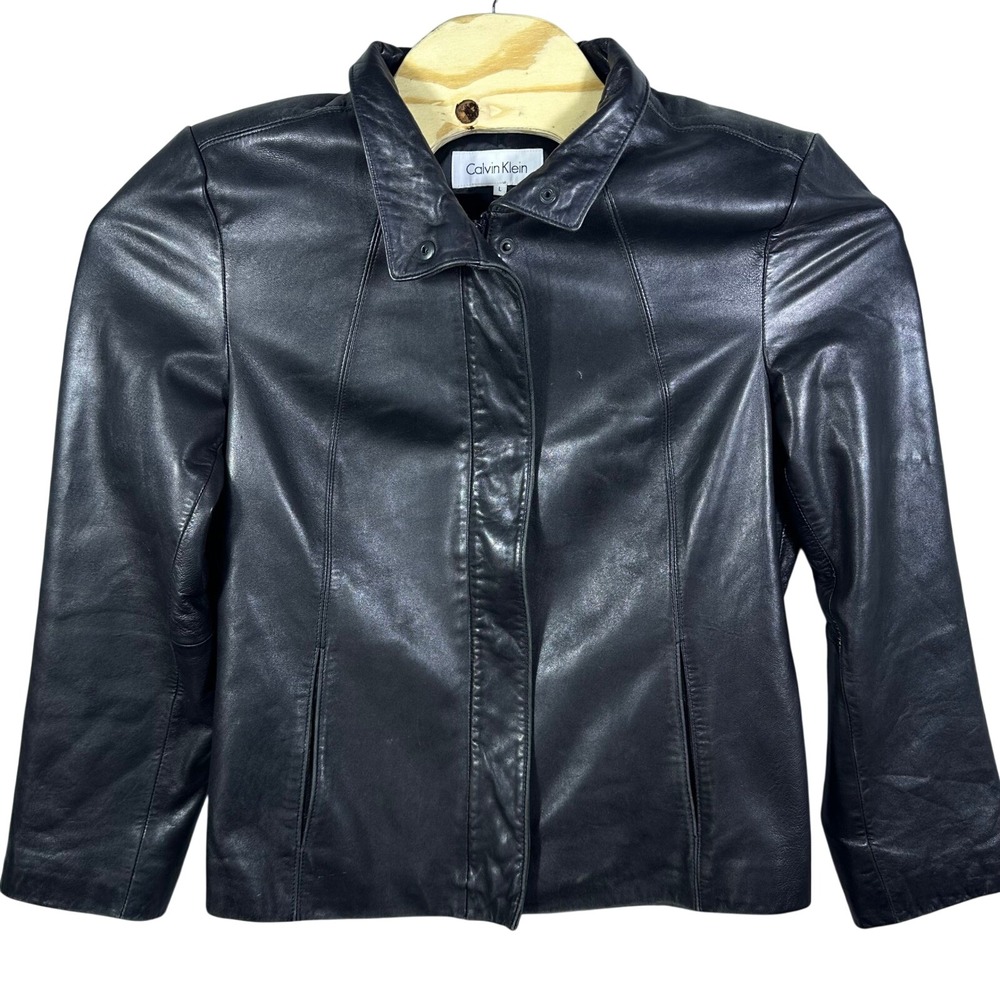 Calvin Klein Leather Jacket Women Large Black‎ Zip Snap Front Mock Neck Seam